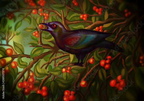 black bird in the branches among berries digital painting