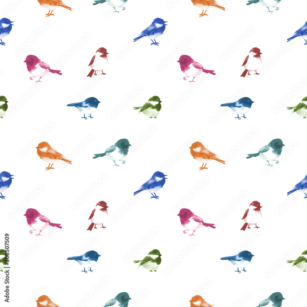 Fototapeta premium Seamless pattern with little birds hand drawn with ink. Traditional oriental ink painting sumi-e, u-sin, go-hua.