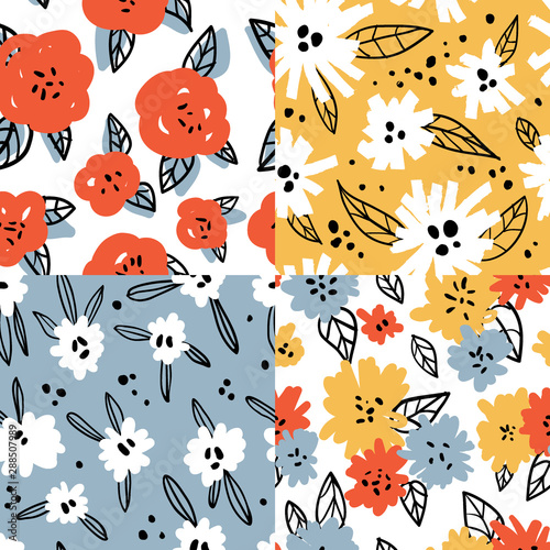 Set with flower graphic seamless patterns