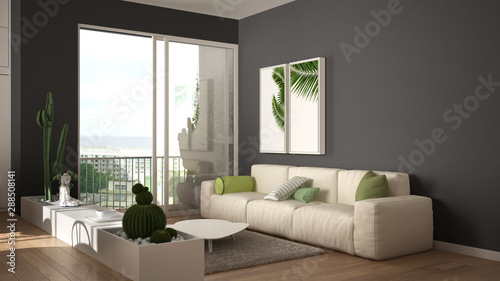 Eco green interior design  white and gray living room with sofa  kitchen with dining table  succulent potted plants  parquet floor  window  panoramic balcony. Sustainable architecture