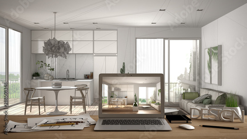 Architect designer desktop concept, laptop on wooden work desk with screen showing interior design project, blueprint draft background, modern white living room with kitchen
