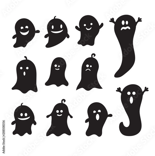 Set of halloween baby ghosts for design isolated on background. Laser cut scare characters with assorted expressions. Silhouette of spooks. Flat vector illustration. Icon for apparition.