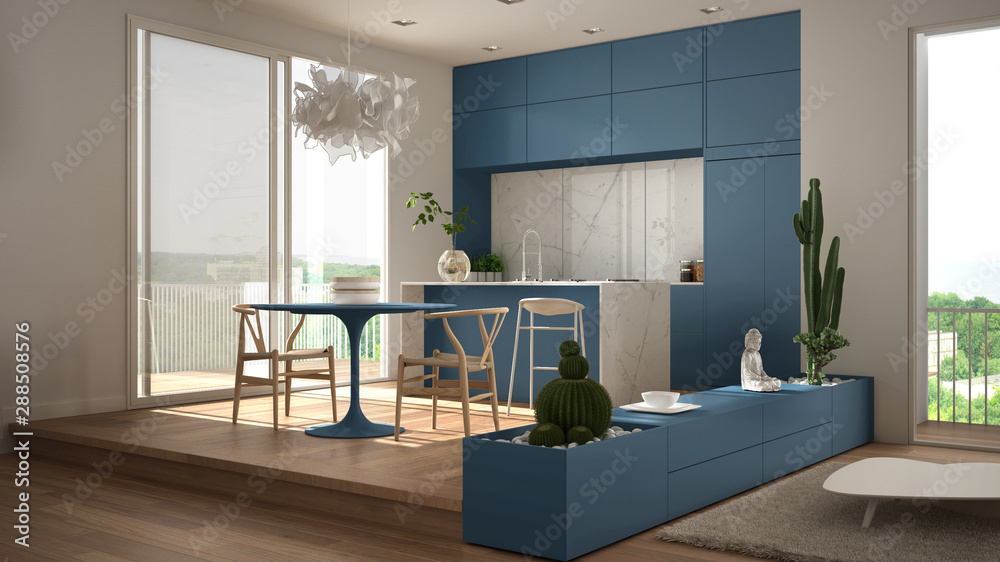 Eco green interior design, white and blue living room with sofa ...