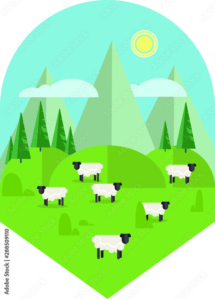 Agriculture and Farming. Rural landscape. Red farm house. Green tractor. Hills and fruit trees. Vector illustration.