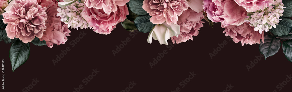 Fototapeta Różowe piwonie, białe róże, hortensja  na czarnym tle.