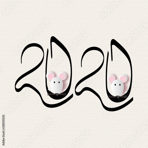 Vector calligraphy 2020 year of the rat sign lettering numbers calendar home page greeting card design template. Rats peep out of numbers .Vector