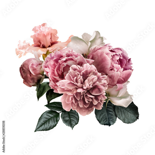 Floral arrangement, bouquet of garden flowers. Pink peonies, green leaves, white roses, iris isolated on white background. Can be used for your projects, wedding invitations, greeting cards. photo