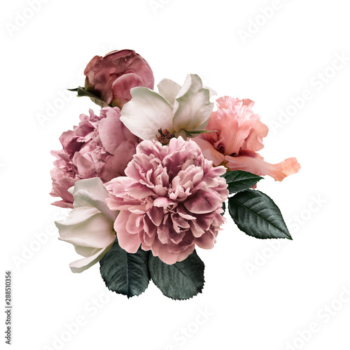 Fototapeta Naklejka Na Ścianę i Meble -  Floral arrangement, bouquet of garden flowers. Pink peonies, green leaves, white roses, iris isolated on white background. Can be used for your projects, wedding invitations, greeting cards.