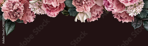 Floral banner, flower cover or header with vintage bouquets. Pink peonies, white roses, hydrangea isolated on black background.