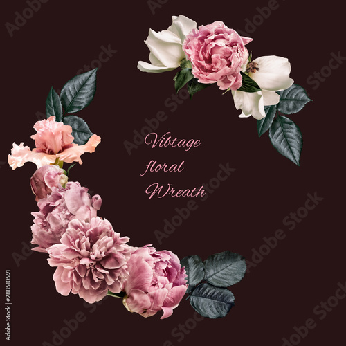 Fototapeta Naklejka Na Ścianę i Meble -  Floral wreath isolated on dark background. Peonies and white roses, pink iris, greenery. For invitation, greeting, wedding card.