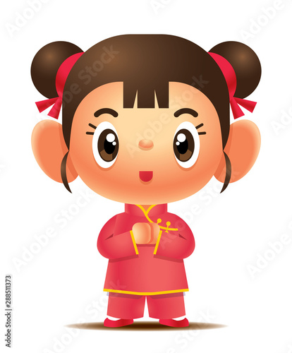 Cartoon cute girl wearing traditional chinese cheongsam wishes happy chinese new year - vector mascot character