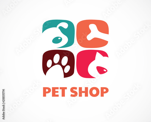 Pet shop, animals veterinary clinic, dog and cat logo, symbol. Vector design and illustration