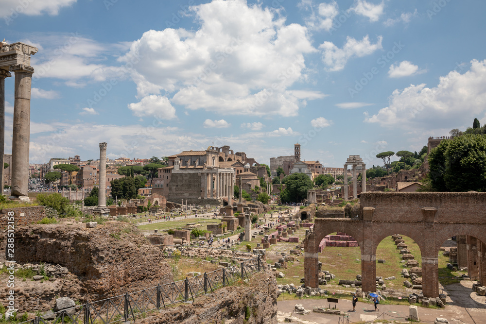 Panoramic view of Roman forum, also known by Forum Romanum or Foro Romano