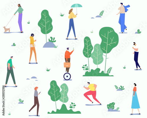 Lovely summer landscape pattern with group of people spending free time outdoors in park, enjoying nature, jogging and more.