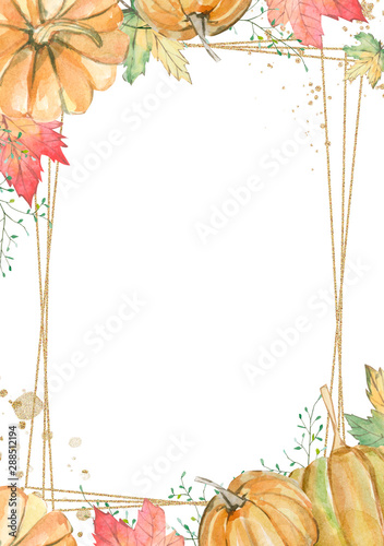 Watercolor card with hand painted autumn leaves foliage and pumpkin inspired by garden greenery and plants. Hand painted fall foliage background for wedding invintation, greeting card, banner, poster.