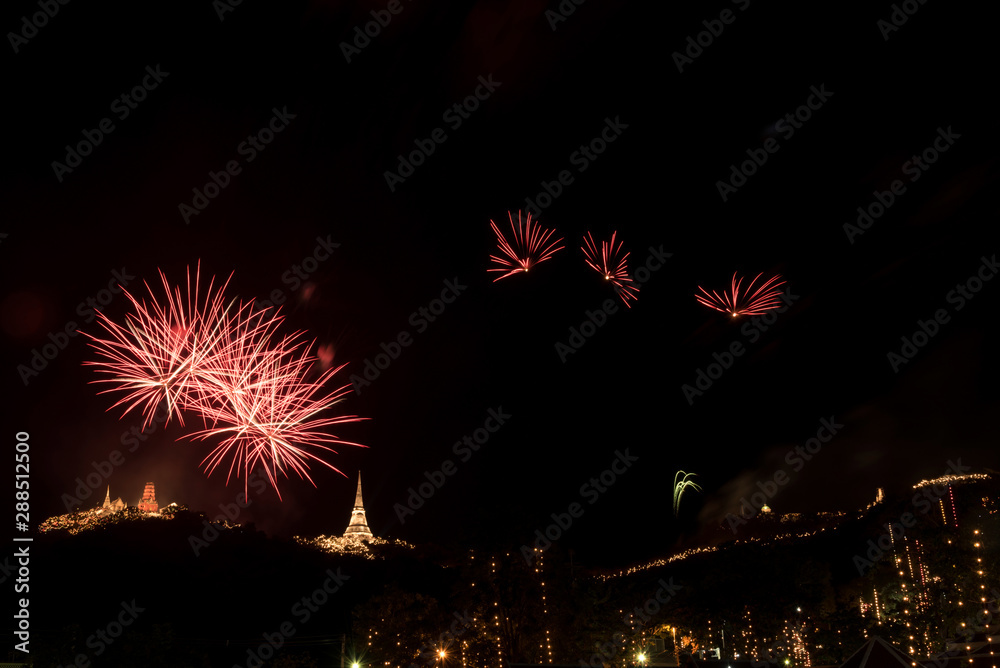 Firework at Pranakorn Khiri Festival in Petchaburi province, Thailand