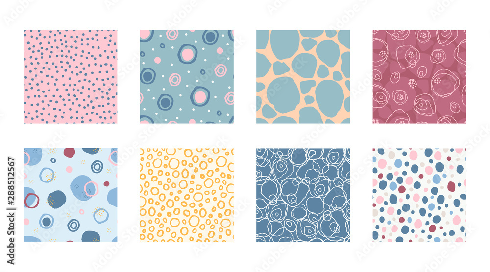 Set colorful seamless pattern marker and ink with circles dots texture. Background in minimalist Scandinavian style hand drawn for fabric, Wallpaper, bed linen. Vector illustration