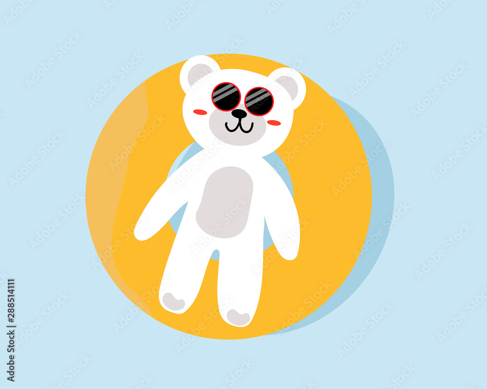 Fototapeta premium Hand drawing: Cute white bear with smile on float ring in the water, cartoon style.