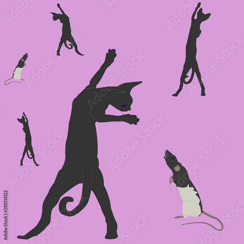 Seamless pattern with Canadian sphinxes and a black and white rat dumbo on a pink background
