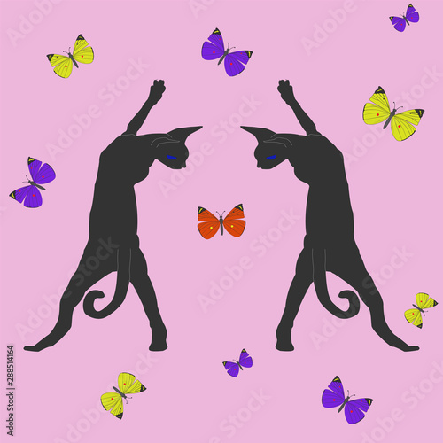 Seamless pattern with Canadian sphinxes and butterflies on a pink background