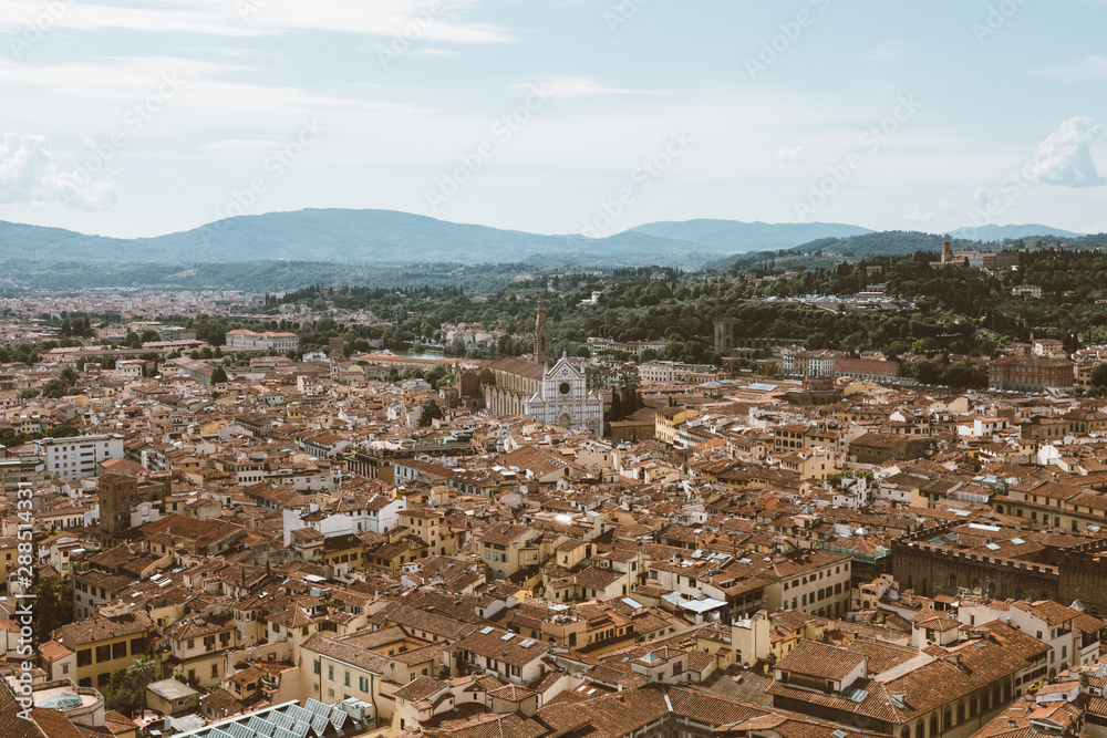 Aerial panoramic view of city of Florence from cupola of Florence Cathedral Aerial panoramic view of city of Florence from cupola of Florence Cathedral
