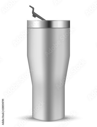 Tumbler cup with closing flip lid, realistic vector mockup. Stainless steel water bottle, mock-up. Travel thermo mug, template