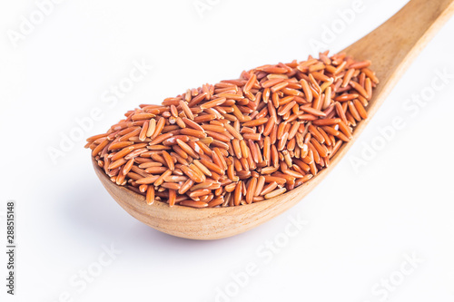 unpolished rice in wooden spoon closeup for background.