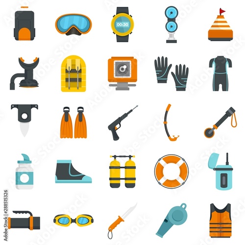 Snorkeling equipment icon set. Flat set of snorkeling equipment vector icons for web design