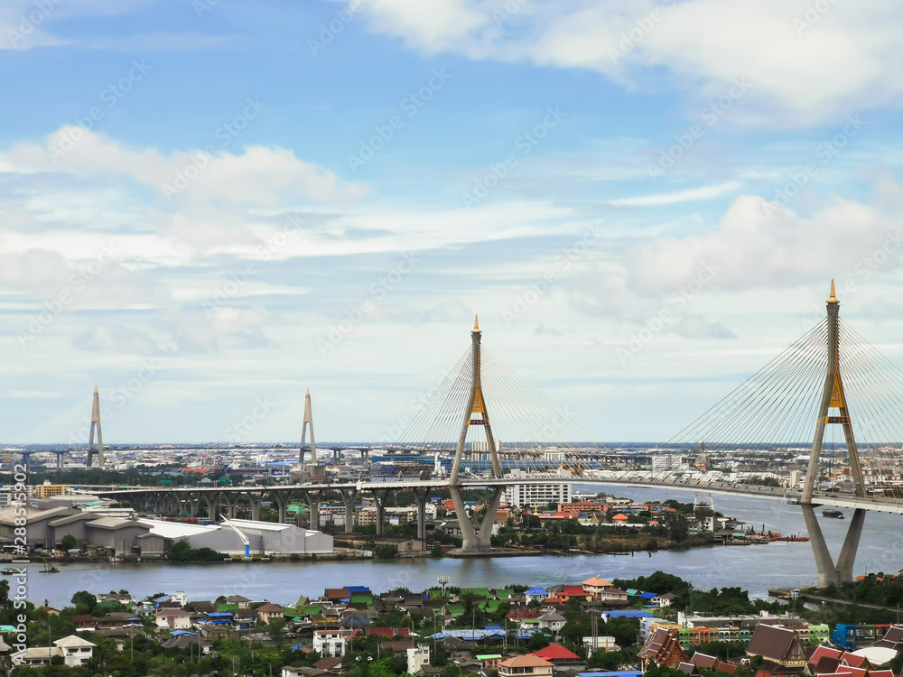 Bhumibol Bridge with river, cityscape view and cloudy blue sky in the morning.
