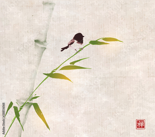 Green bamboo tree and little bird hand drawn with ink in minimalist style on rice paper backgrund.. Traditional oriental ink painting sumi-e, u-sin, go-hua. Hieroglyph - zen