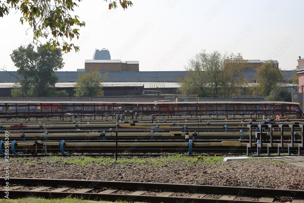The territory of the Severnoe electric depot for the maintenance and repair of trains and cars of the city metro. Moscow, Russia