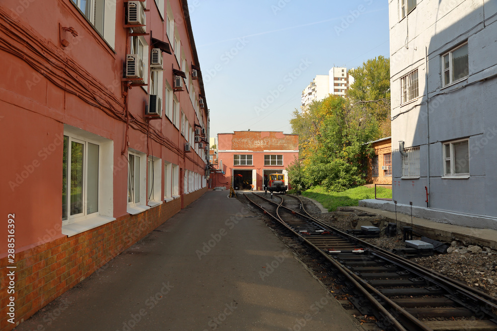 The territory of the Severnoe electric depot for the maintenance and repair of trains and cars of the city metro. Moscow, Russia