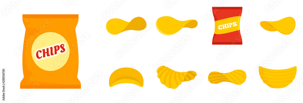 Chips potato icon set. Flat set of chips potato vector icons for web design Chips potato icon set. Flat set of chips potato vector icons for web design