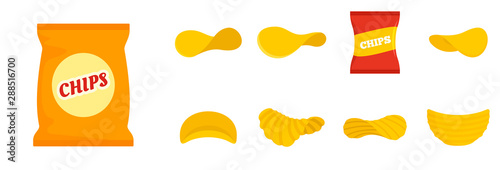 Chips potato icon set. Flat set of chips potato vector icons for web design