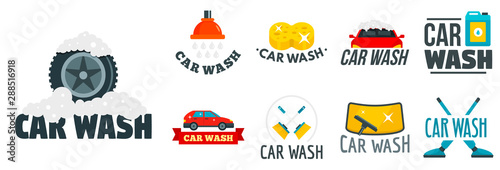 Car wash logo set. Flat set of car wash vector logo for web design