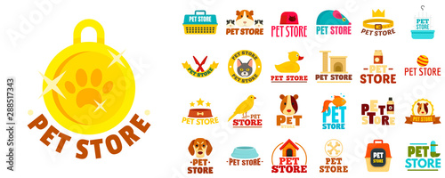 Pet store logo set. Flat set of pet store vector logo for web design