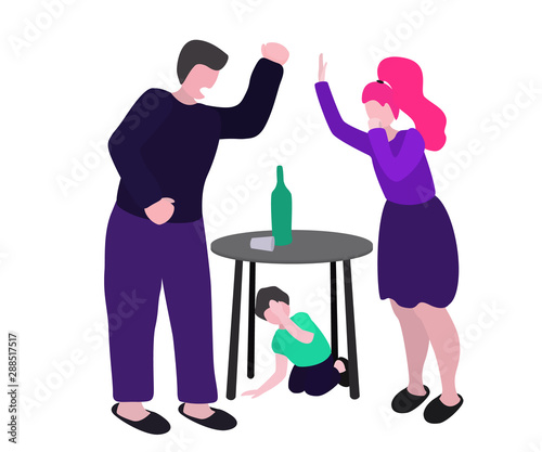 Drunk husband quarrels with his wife. A man beats a woman and a child. Vector conception - stop alcoholism, domestic and family violence, harassment and child abuse. Isolated illustrations in flat