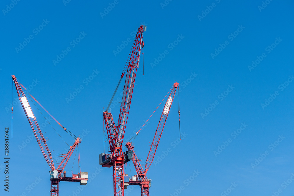 Multiple tower cranes above a concrete structure.