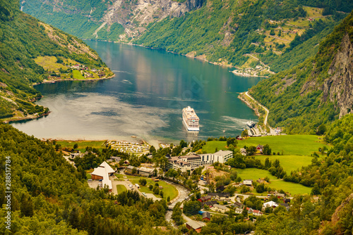 Fjord Geirangerfjord with cruise ship, Norway. photo