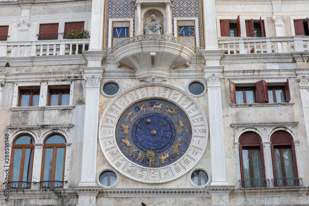 Closeup facade of the Clock Tower in Venice