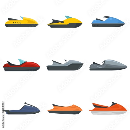 Jet ski icons set. Flat set of jet ski vector icons for web design