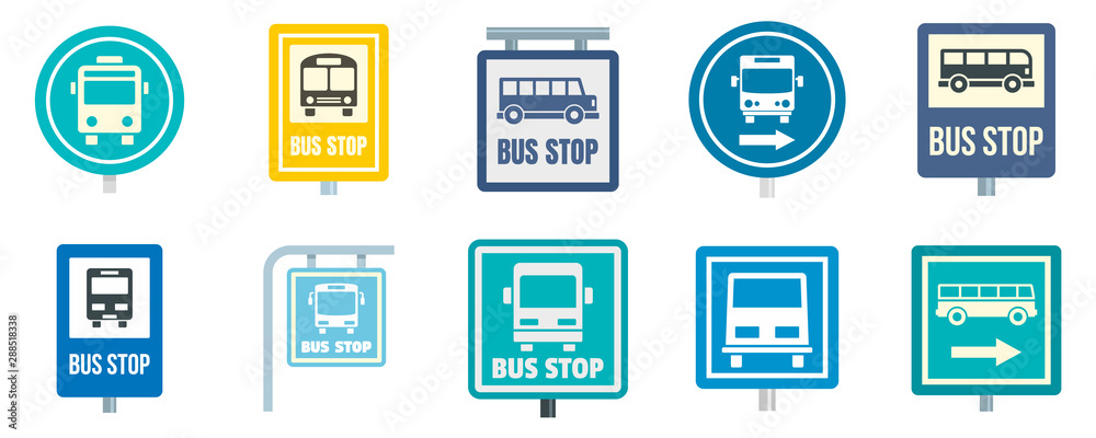 Bus stop icon set. Flat set of bus stop vector icons for web design Bus stop icon set. Flat set of bus stop vector icons for web design
