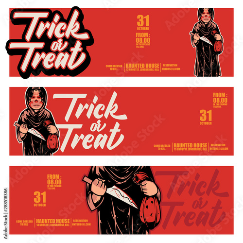 Halloween Banners with the cold-blooded killer who is holding a knife and a bag that contains a bloody heart characters on the red background.