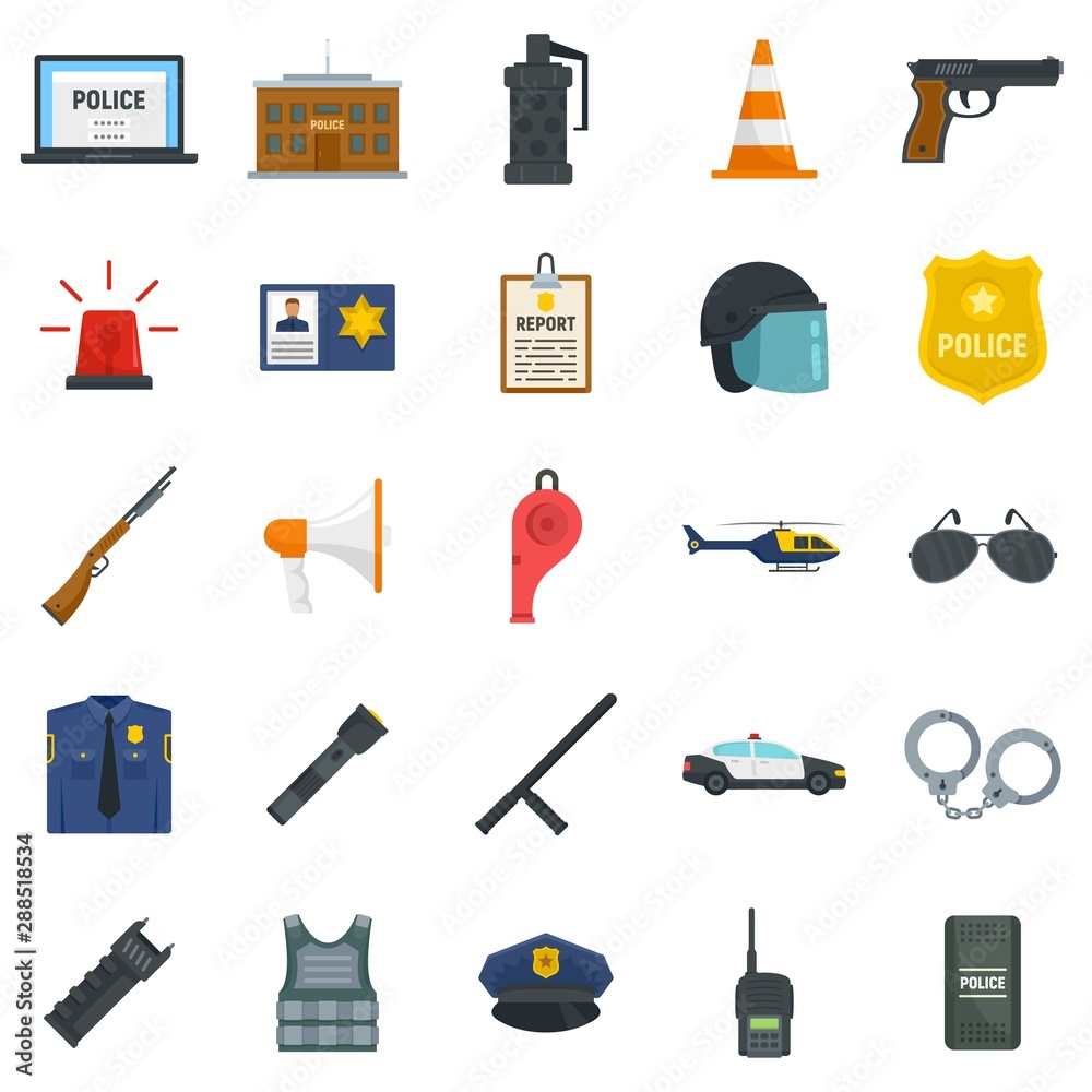 Police equipment icons set. Flat set of police equipment vector icons for  web design Stock Vector