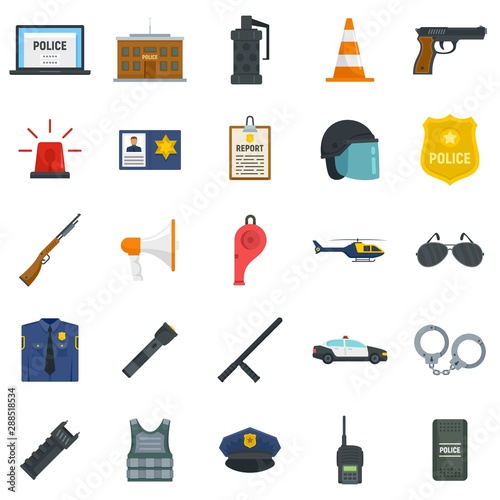 Police equipment icons set. Flat set of police equipment vector icons for web design