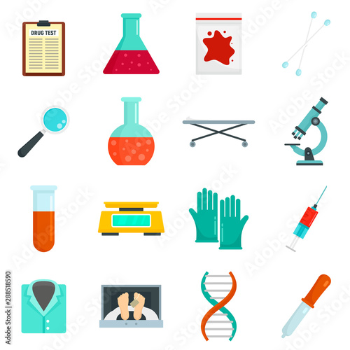Forensic laboratory icons set. Flat set of forensic laboratory vector icons for web design