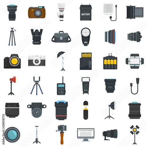 Photographer equipment icons set. Flat set of photographer equipment vector icons for web design