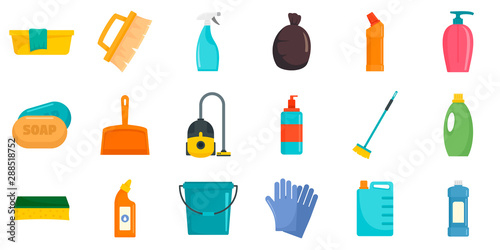 Cleaner equipment icons set. Flat set of cleaner equipment vector icons for web design