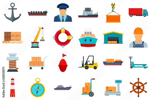 Marine port icons set. Flat set of marine port vector icons for web design