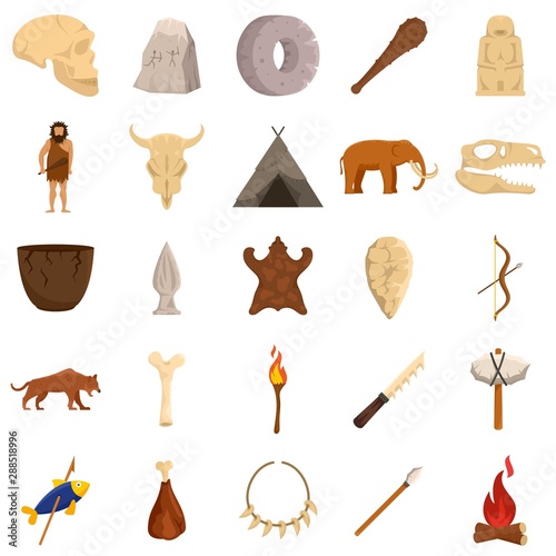 Stone age icons set. Flat set of stone age vector icons for web design